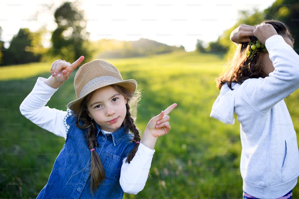 Front view portrait of two small girls standing outdoors in spring nature, having fun.