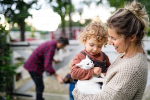 Happy small girl with mother standing on farm, playing with cat.