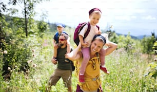 Front view of family with small children hiking outdoors in summer nature.