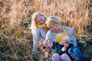 Portrait of cheerful small girl with mother and grandmother resting in autumn nature.