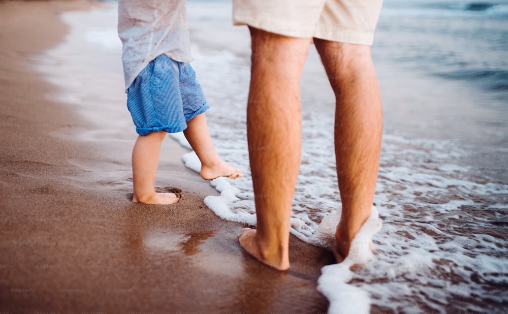 夏休みに浜辺を歩くよちよち歩きの男の子を連れた父親の中腹部。