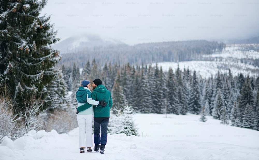 A rear view of mature couple on walk outdoors in winter nature, Tatra mountains Slovakia.