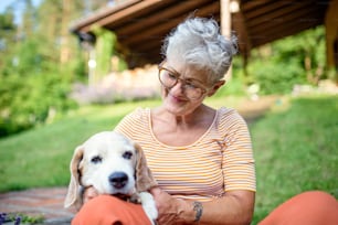 Retrato da mulher sênior sentada ao ar livre no jardim, conceito de amizade do cão do animal de estimação.