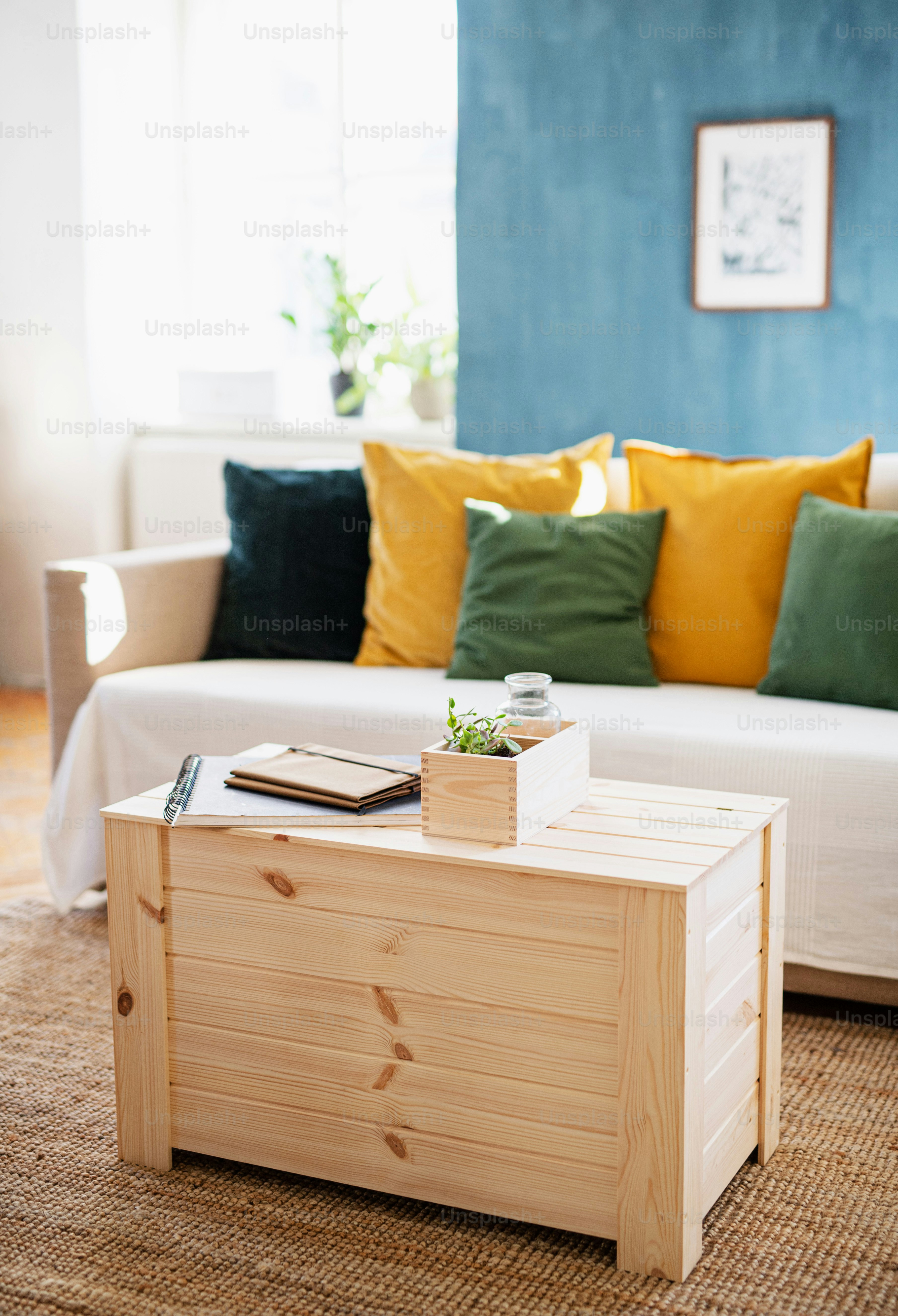 Wooden table furniture indoors in living room, natural decor concept.