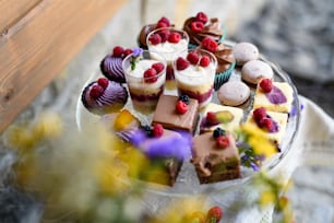 A top view of selection of colorful and delicious cake desserts on tray on table.