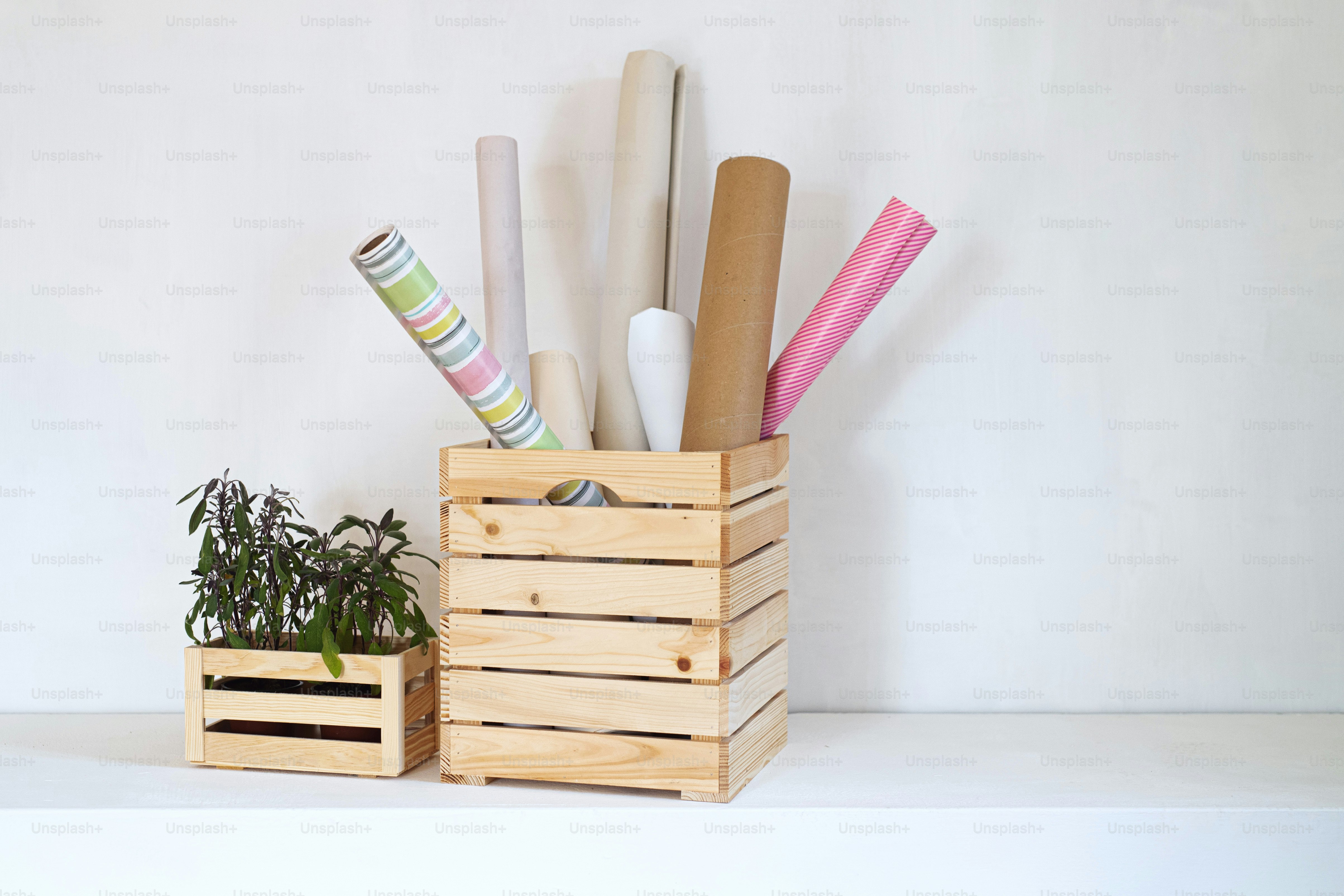 Wooden box container on desk, natural decor concept. Copy space.