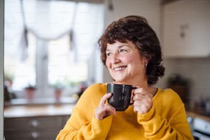 Ritratto di donna anziana con tazza di caffè a casa, rilassante.