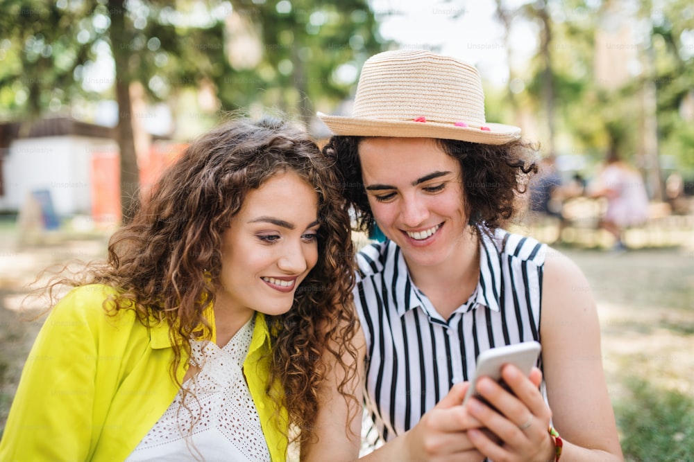 Um retrato de duas jovens amigas no festival de verão, usando smartphone.