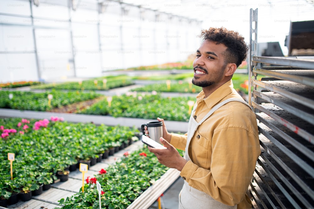 Young african-american man with smartphone working in greenhouse, having a coffee break.