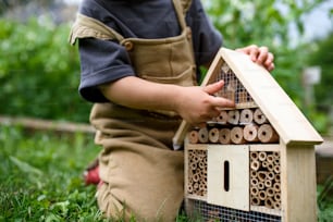 Obscured small child playing with bug and insect hotel in garden, midsection of sustainable lifestyle.