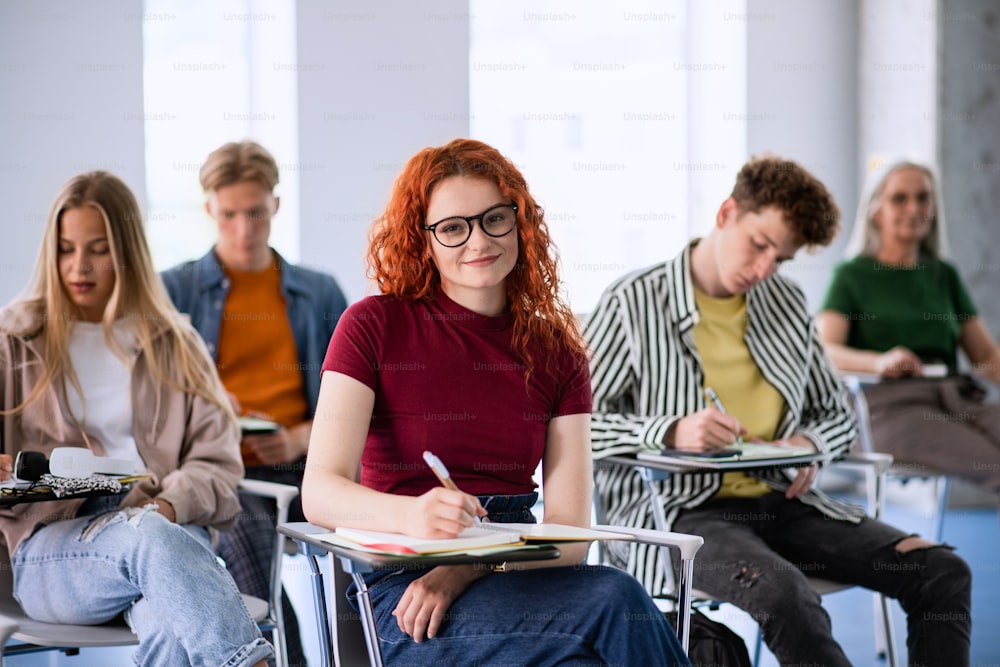A portrait of group of university students sitting in classroom indoors, studying