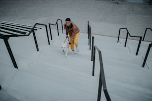 A high angle view of happy young man running upstairs with his dog outdoors in city.