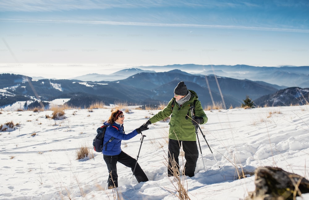Coppia anziana con bastoncini da nordic walking che fanno escursioni nella natura invernale innevata, concetto di stile di vita sano.