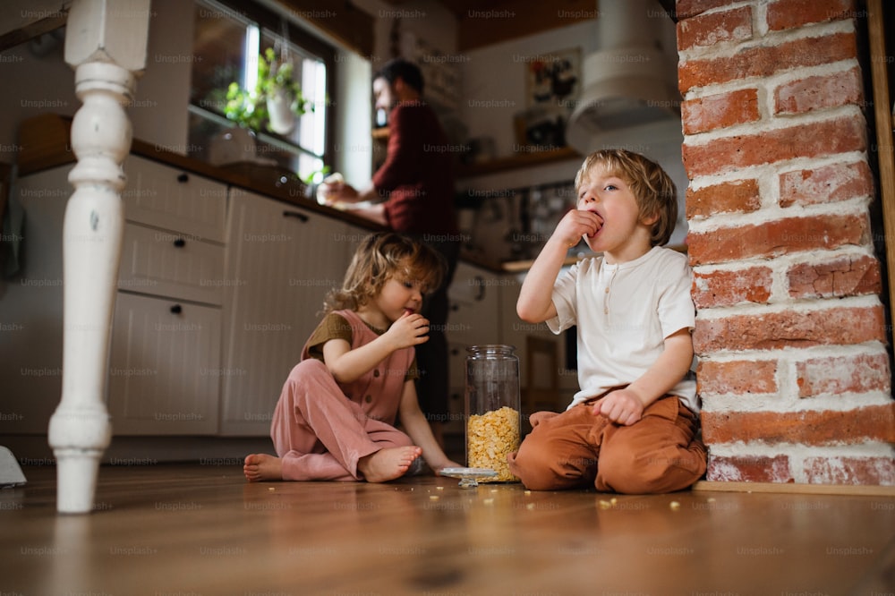 Two happy small children with father indoors at home, eating cornflakes on floor.
