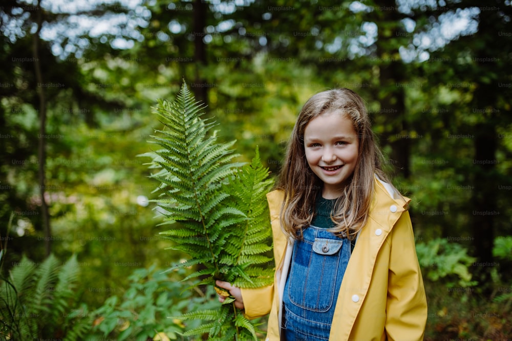 A happy little girl holding fern and looking at camera outdoors in forest.