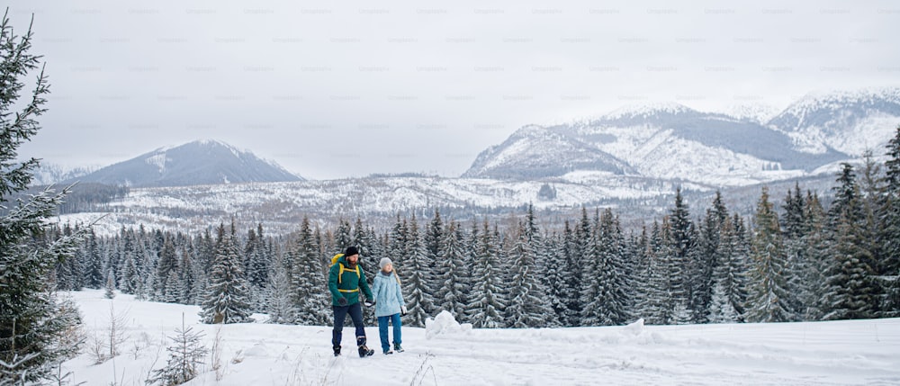 Un padre con la figlia piccola durante una passeggiata all'aperto nella natura invernale, montagne dei Tatra in Slovacchia.
