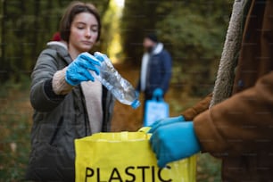 A diverse group of volunteers cleaning up forest from waste, community service concept.