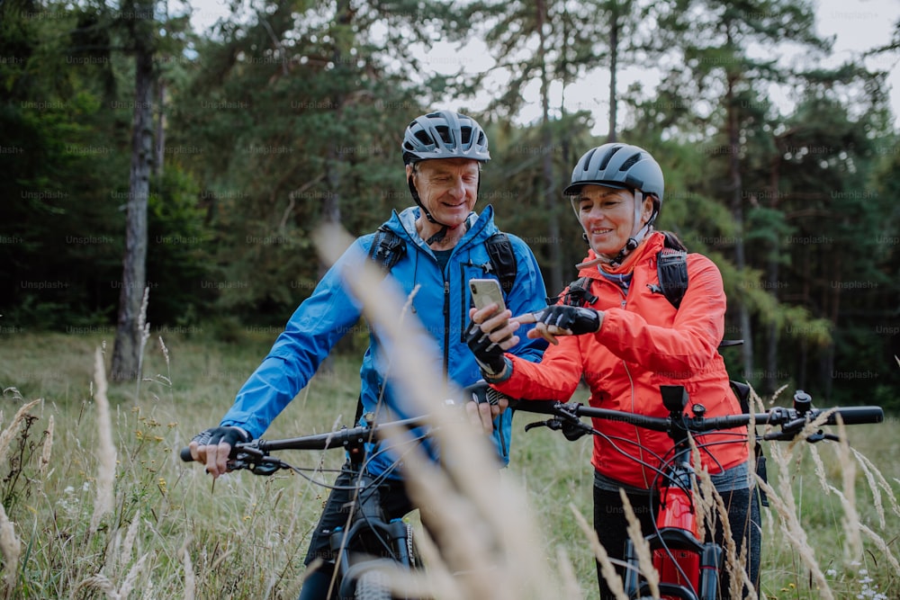 Una pareja de ciclistas mayores que usan un teléfono inteligente al aire libre en el bosque en un día de otoño.