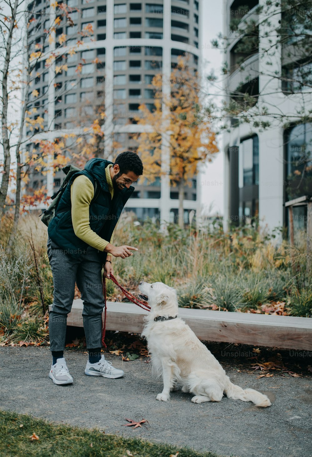 Eine Seitenansicht eines glücklichen jungen Mannes, der seinen Hund draußen in der Stadt trainiert.