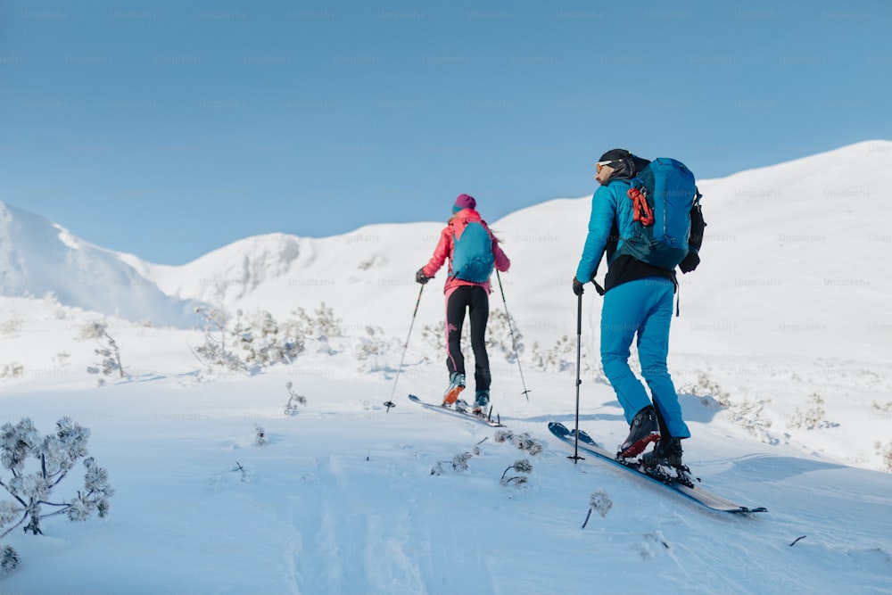 A rear view of ski touring couple hiking up a mountain in the Low Tatras in Slovakia.