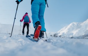 Uma seção baixa do casal de turistas de esqui caminhando até os Baixos Tatras, na Eslováquia.