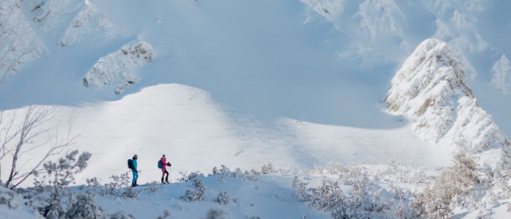 A front view of ski touring couple hiking up in the Low Tatras in Slovakia.