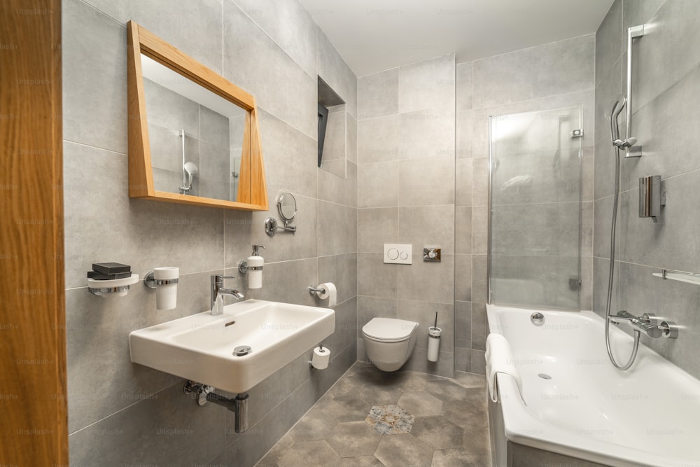 An interior of modern bathroom in luxury hotel