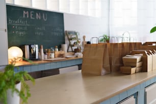 Take away boxes with a lunch prepared for delivery in restaurant.