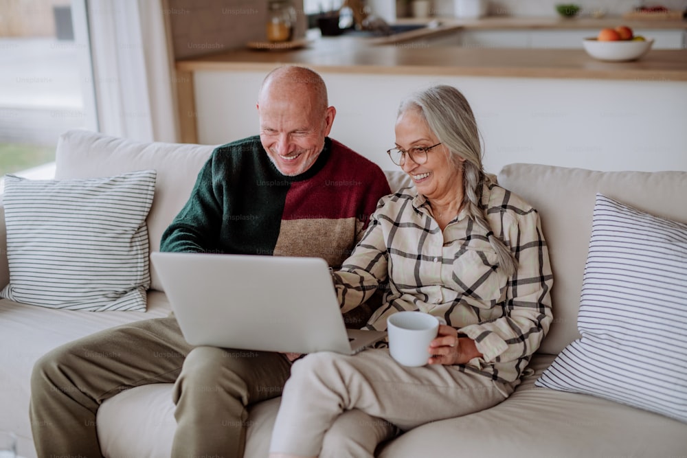 A senior couple sitting on sofa and shopping online with laptop.