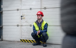 A young man with Down syndrome resting when working in insutrial factory, social integration concept.