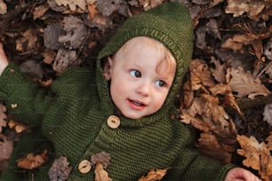A top view of little boy lying in dry leaves in nature