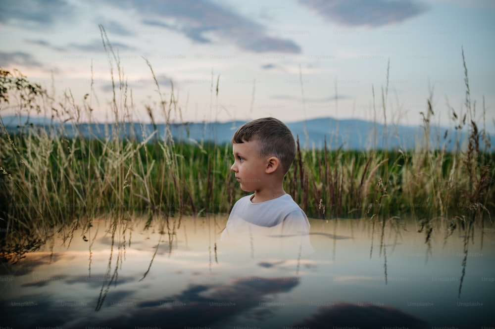 Um garotinho triste está de pé no campo de trigo no verão.