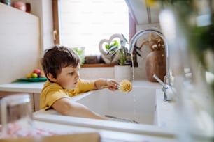 Um menino que lava o copo na pia na cozinha com esfoliante de madeira, salva-vidas sustentáveis.