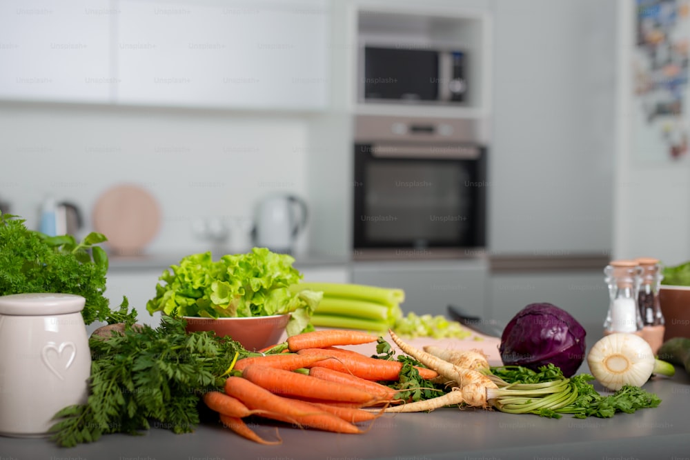 A set of variety vegetable on kitchen counter bar. Healthy eating with vegetarian concepts.