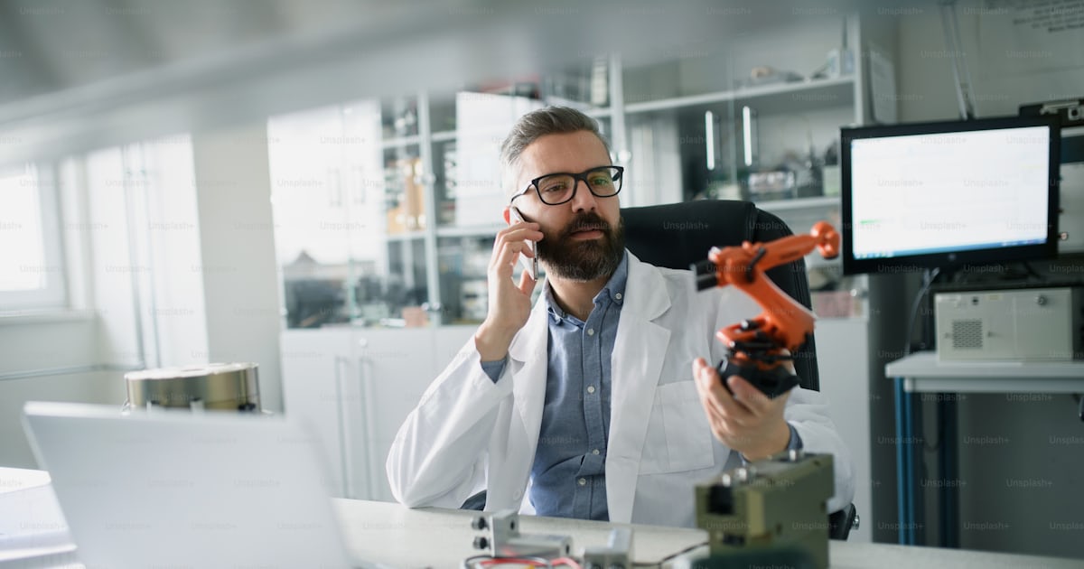 A robotics engineer calling on cellphone and working on desing of ...