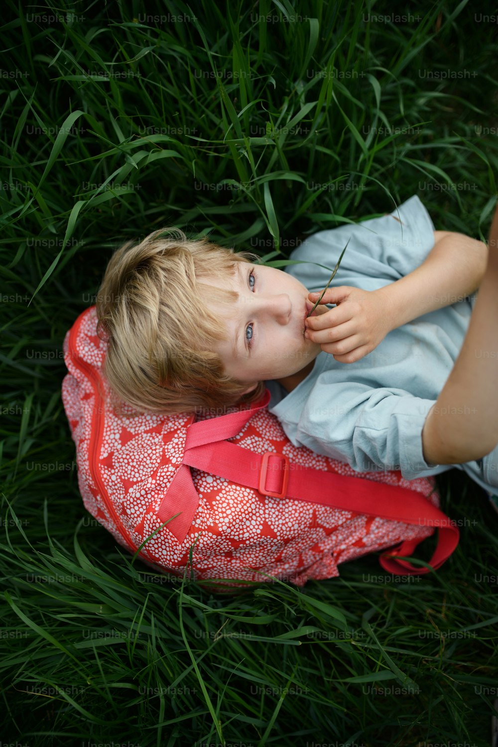 Un feliz primer día de clases. Colegial cansado con mochila, se encuentra en la hierba.