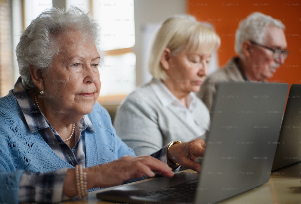 Un grupo de ancianos en una residencia de ancianos aprendiendo juntos en la clase de informática