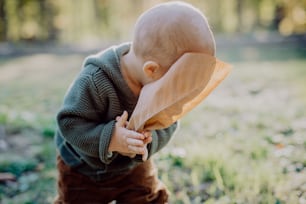 A portrait of cute little boy wearing knitted hoodie in nautre holding dry leaf, autumn concept.