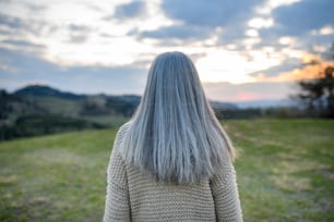 A rear view of senior woman with long grey hair at park on spring day