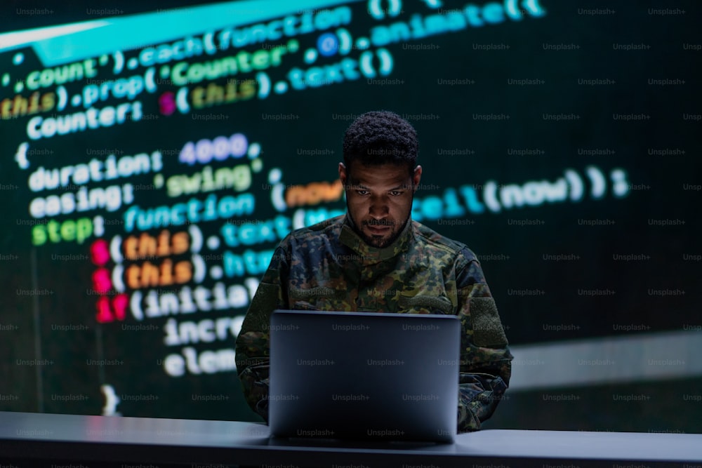 A hacker in military unifrorm on dark web, cyberwar concept.