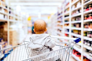 Bebê pequeno bonito no supermercado. Baby sitting no carrinho de compras. Vista traseira.