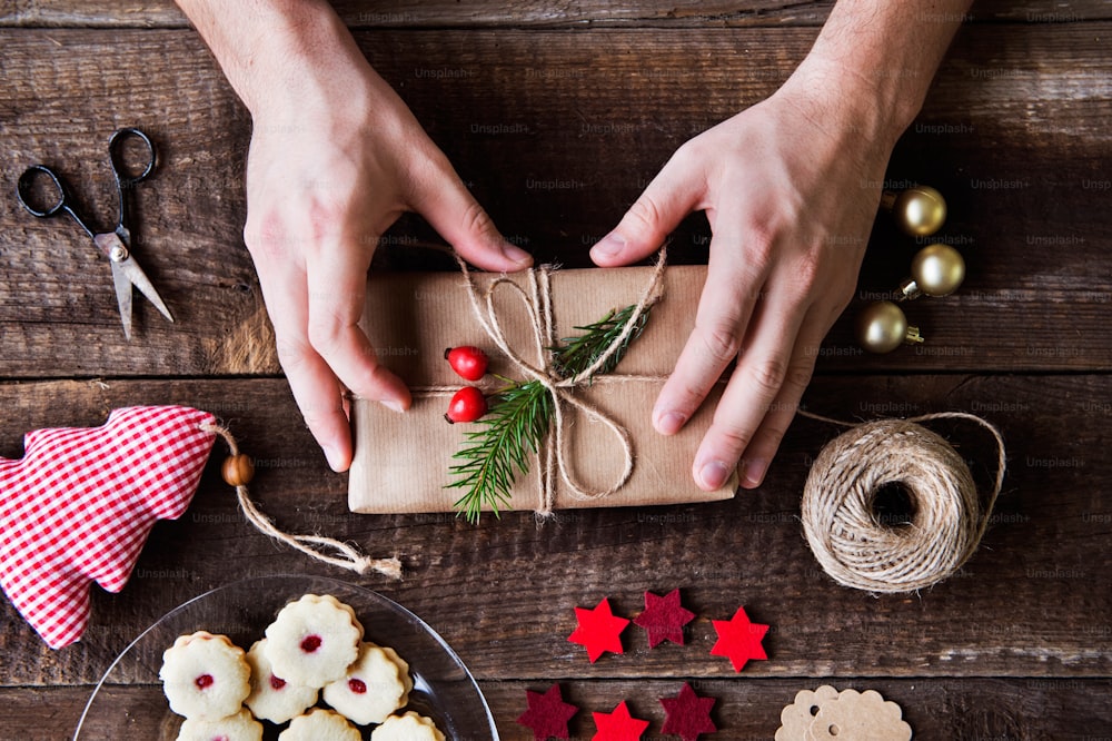 Christmas composition on a vintage wooden background. Flat lay.