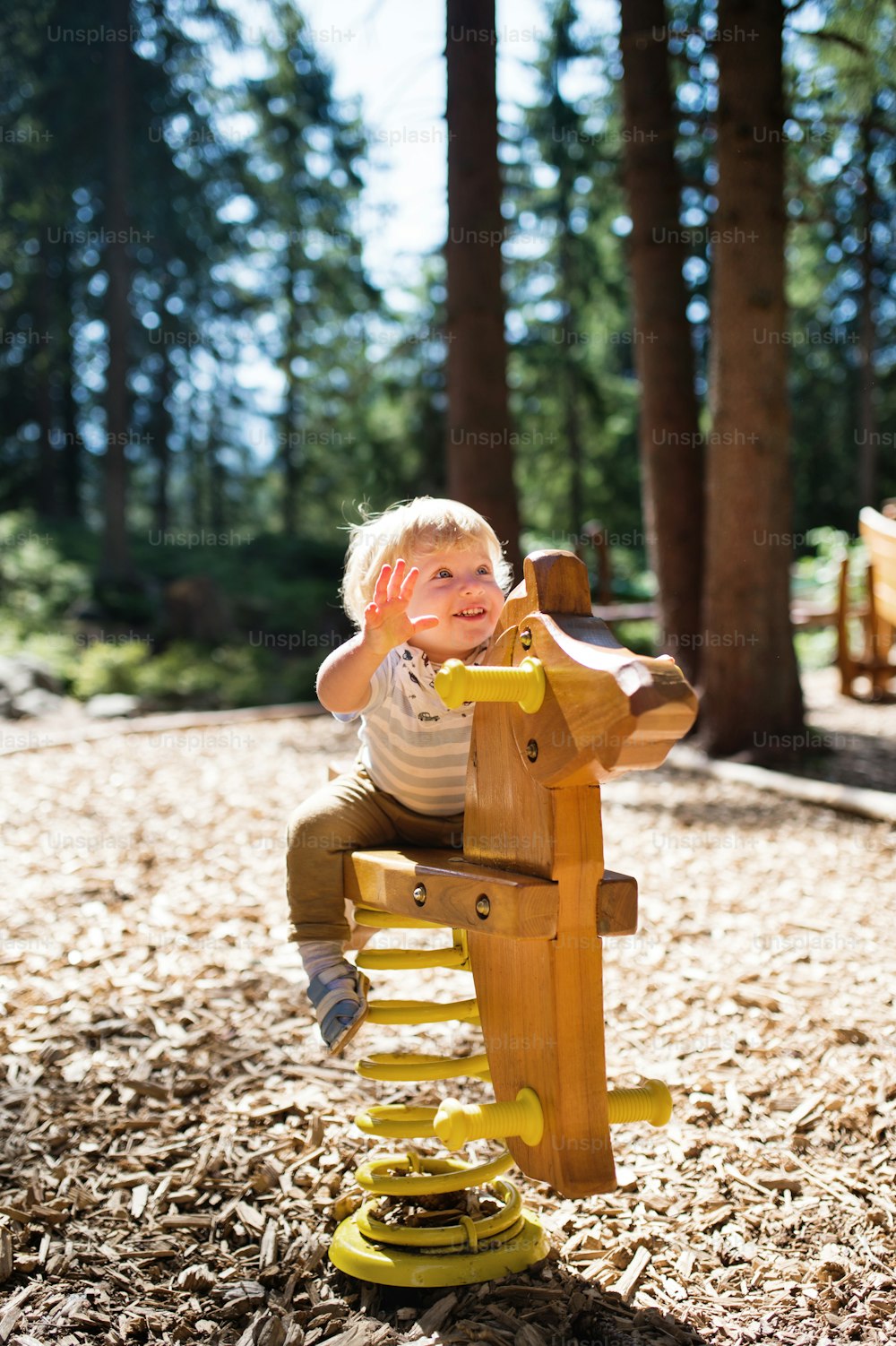 Happy, cute little boy on the playground. A toddler on a wooden rocking horse.
