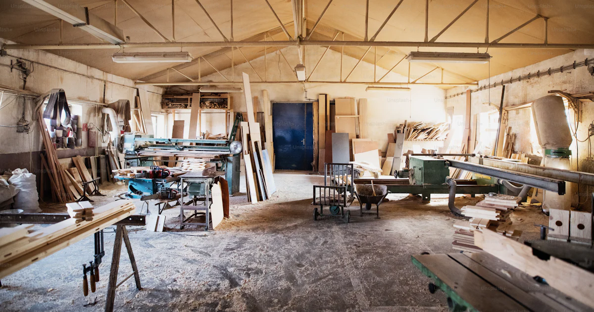 An interior of a big carpentry workshop. photo – Instructions Image on ...