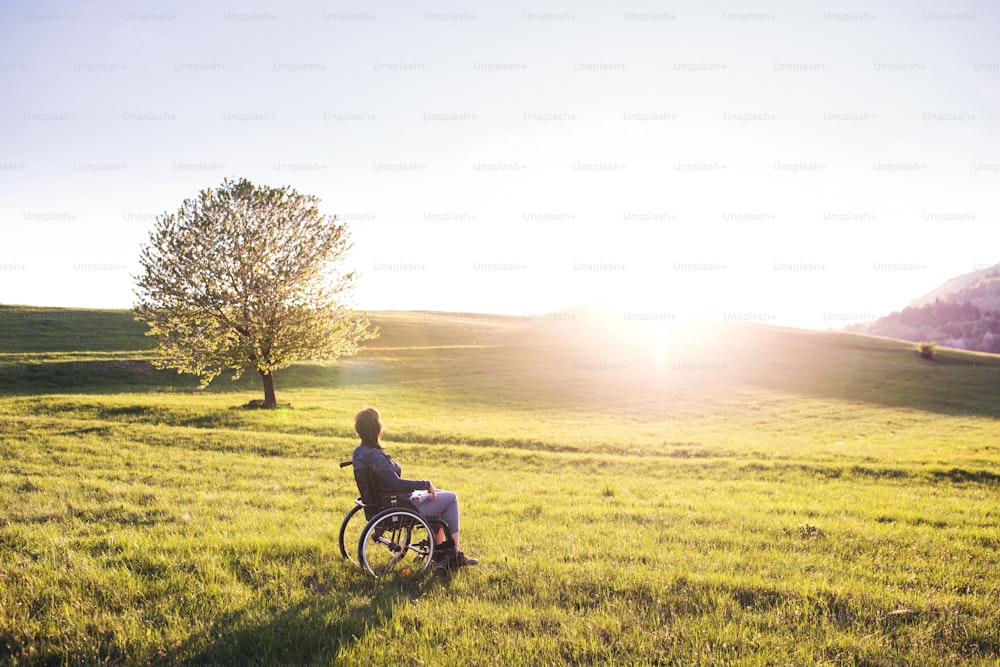 Uma mulher em cadeira de rodas na natureza ao pôr do sol. Espaço de cópia.