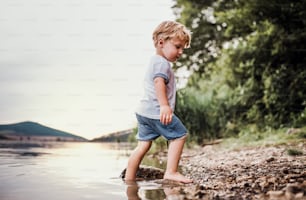 A wet, small toddler boy standing barefoot outdoors in a river in summer, playing.