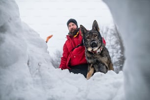 겨울에 숲에서 야외에서 눈을 파는 개를 데리고 있는 산악 구조 서비스 남자의 낮은 각도 보기.