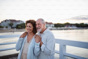 Um casal de idosos felizes abraçando ao ar livre no cais à beira-mar, olhando para a vista.