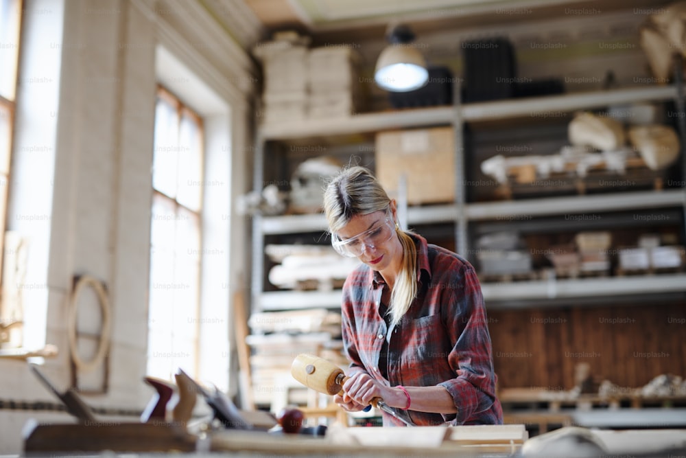Ein Porträt einer Tischlerin mit Schutzbrille, die an ihrem Produkt arbeitet. Konzept für kleine Unternehmen.