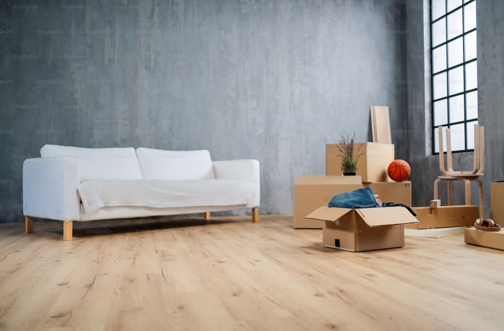 An empty living room with cardbord boxes ready to unpack, moving home concept.
